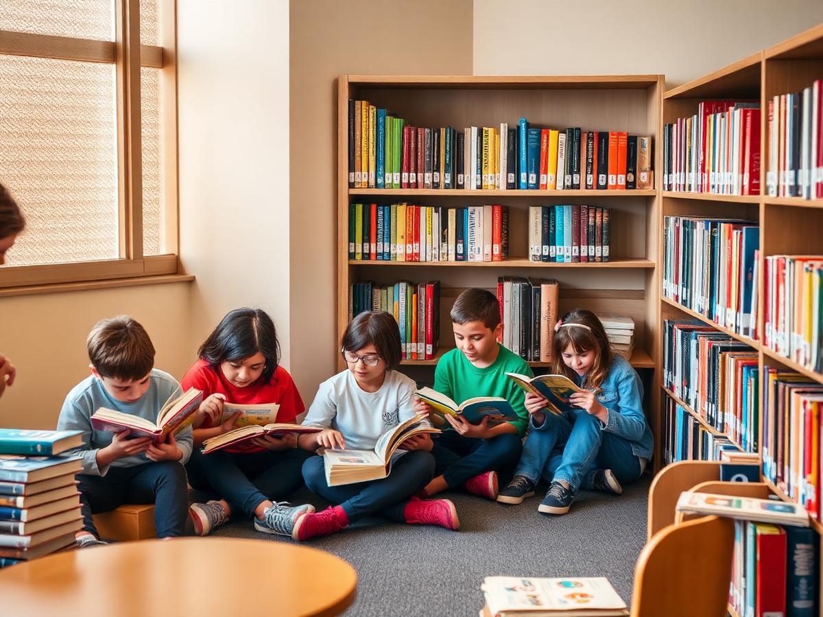 Alunos lendo no espaço de leitura do colégio