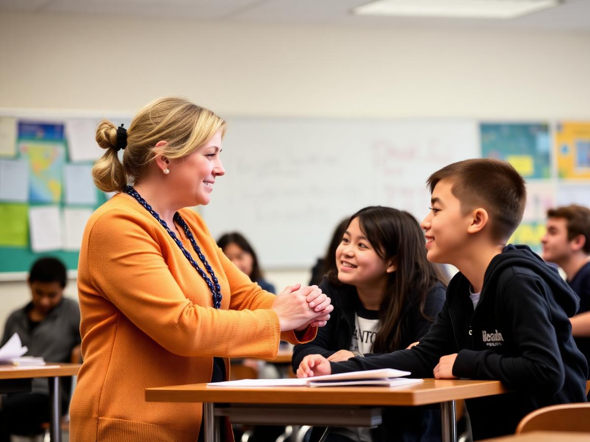 Professora orientando alunos em sala de aula